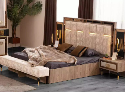 Bedroom bed Double bed Beige Fabric Bedside tables Set 3pcs Bed new